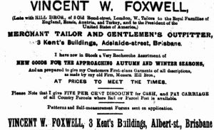 Anuncio del 13 de mayo de 1896 en «The Brisbane Courier» de Vicent W. Foxwell, antiguo empleado de Hill's  emigrado a Australia.