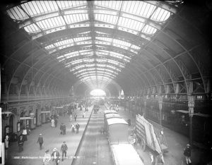 Interior of Paddington Station circa 1900. Image from the Historic England Archive.